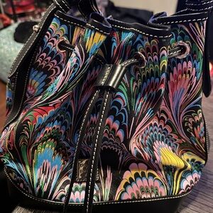 Dooney & Bourke Black and Blue Shoulder Bucket Bag with Artistic Design